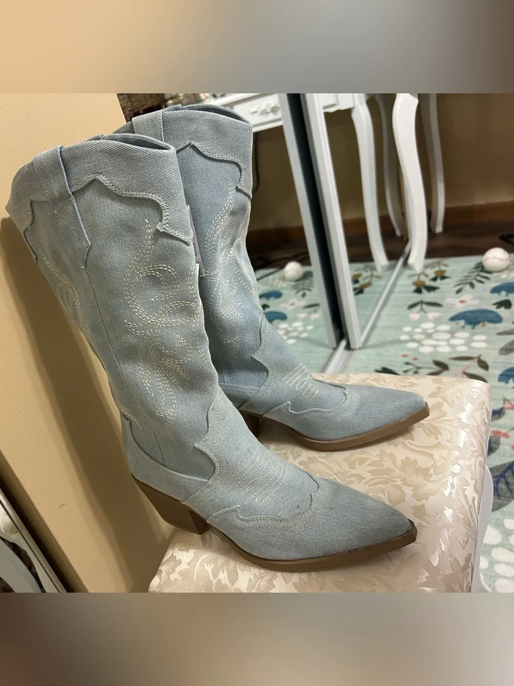 Bershka Light Blue Embroidered Over-the-Knee Western Boots